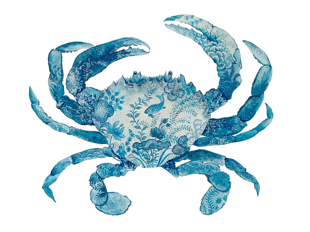 Crab Painting by Chris Chun. Acrylic on Paper. Blue and White Chinoiserie Art. Coastal Style.