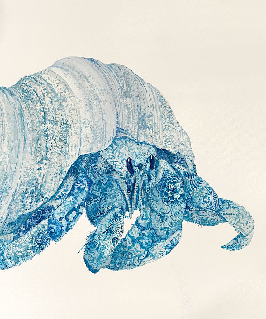 Hermit Crab Painting by Chris Chun. Acrylic on Paper. Blue and White Chinoiserie Art. Coastal Style.