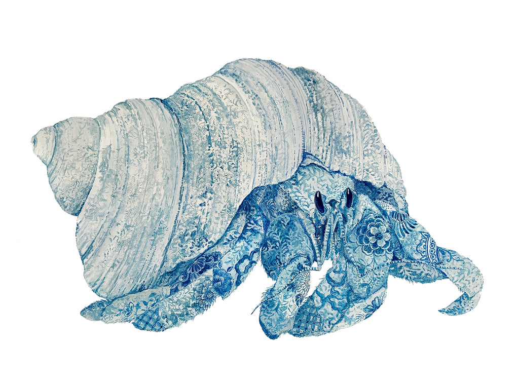 Hermit Crab Painting by Chris Chun. Acrylic on Paper. Blue and White Chinoiserie Art. Coastal Style.