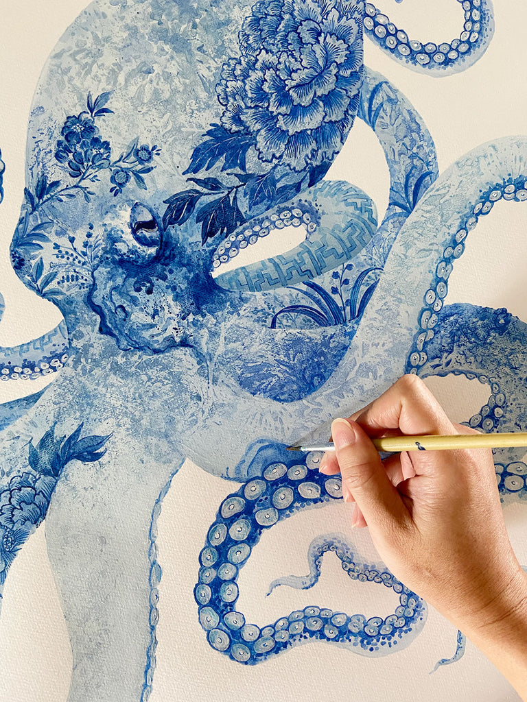 Octopus Painting by Chris Chun. Acrylic on Paper. Blue and White Chinoiserie Art. Coastal Style.