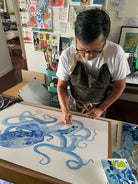 Octopus Painting by Chris Chun. Acrylic on Paper. Blue and White Chinoiserie Art. Coastal Style.