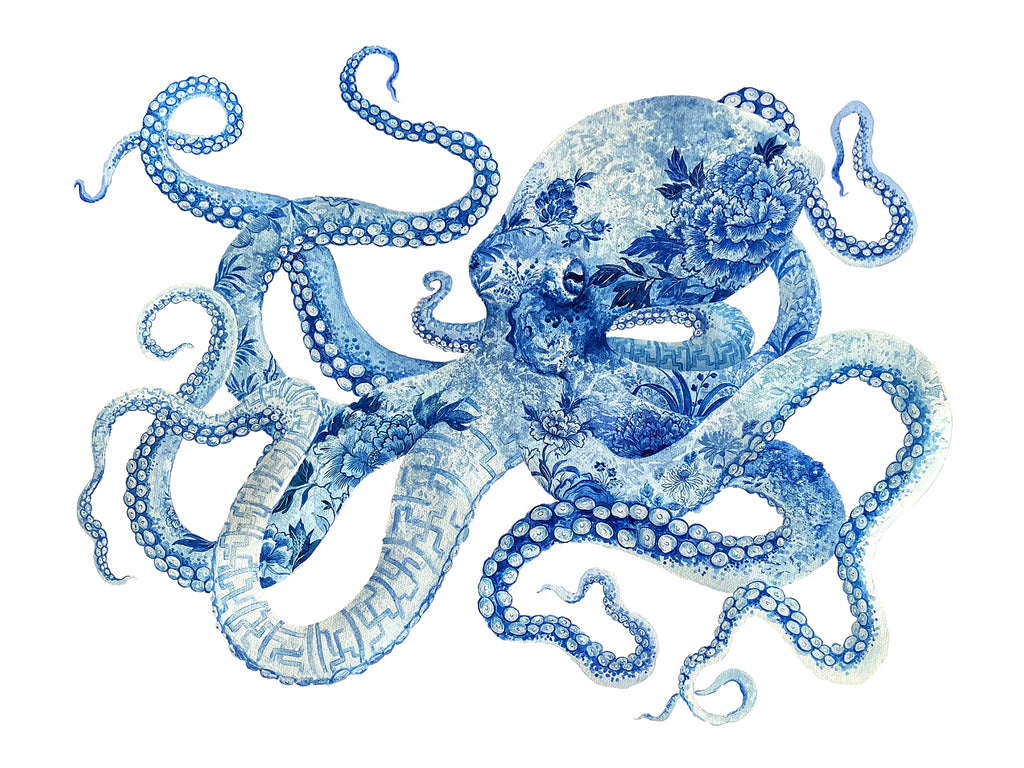 Octopus Painting by Chris Chun. Acrylic on Paper. Blue and White Chinoiserie Art. Coastal Style.