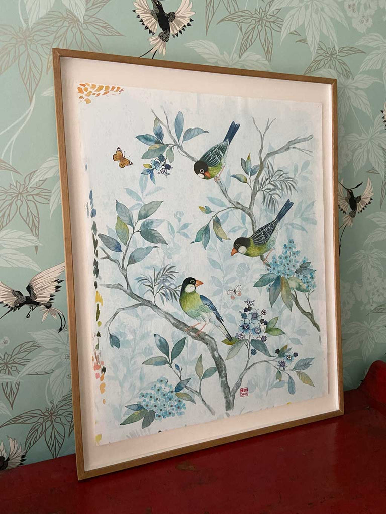'Lanna Garden' Chinoiserie inspired Original Painting by Artist Chris Chun. Mixed Media on Awagami Paper.