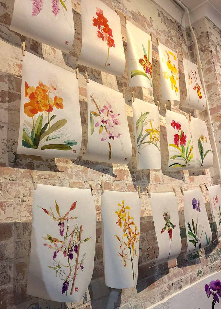 Orchid Botanical Art Prints by Chinoiserie Artist Chris Chun. Hand Painted Orchid Art Series, using inks