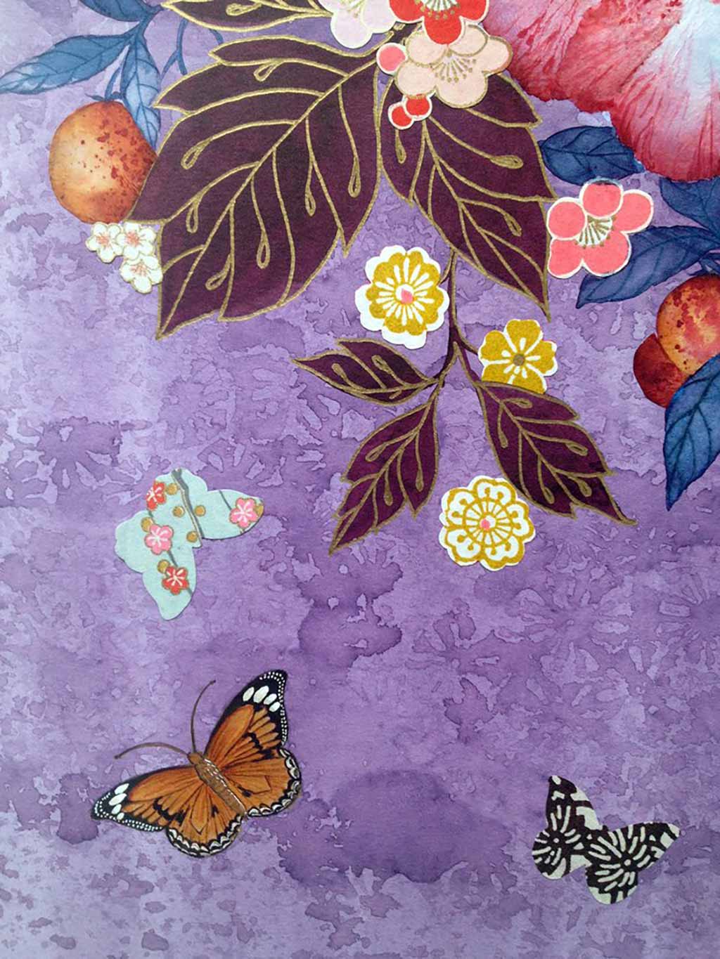 Japanese inspired Original Painting by Artist Chris Chun. Japanese Camellia with Butterflies and Origami Paper detail. Mixed Media on Paper.