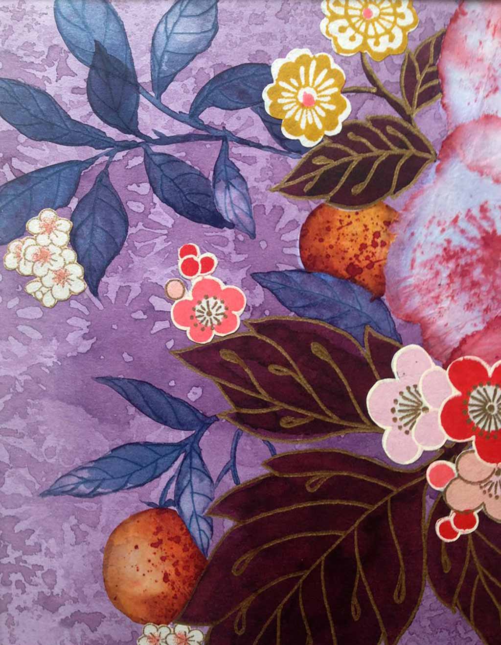 Japanese inspired Original Painting by Artist Chris Chun. Japanese Camellia with Butterflies and Origami Paper detail. Mixed Media on Paper.