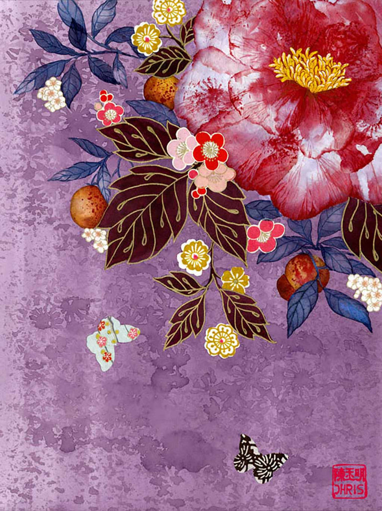 Japanese inspired Original Painting by Artist Chris Chun. Japanese Camellia with Butterflies and Origami Paper detail. Mixed Media on Paper.