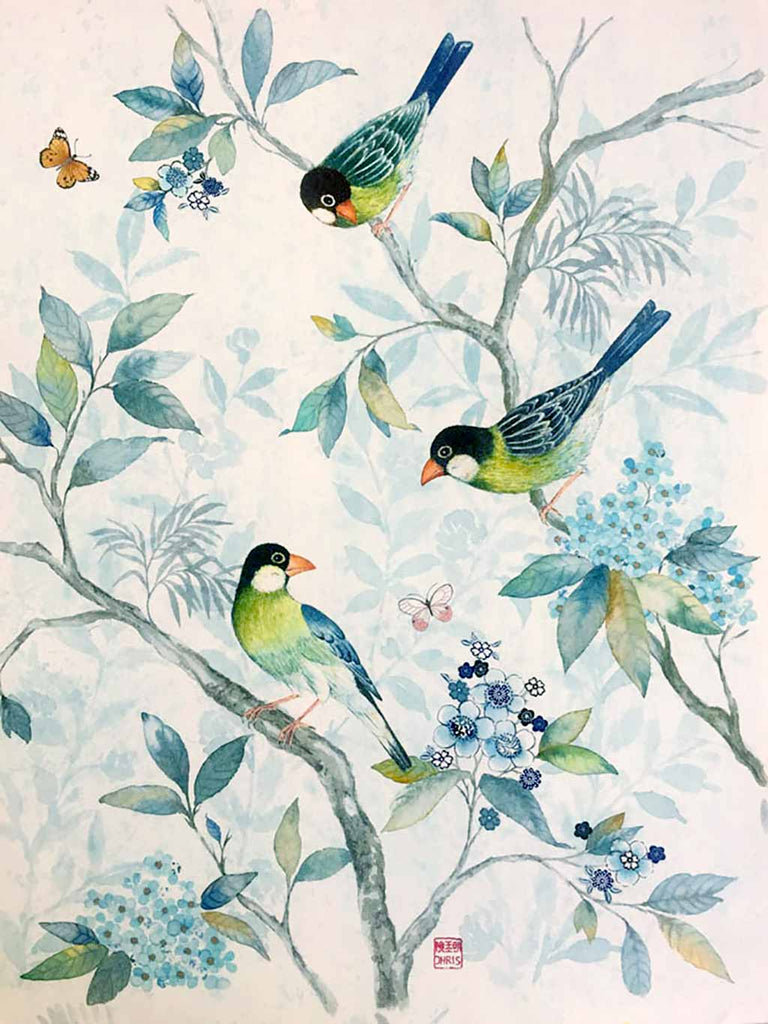 'Lanna Garden' Chinoiserie inspired Original Painting by Artist Chris Chun. Mixed Media on Awagami Paper.