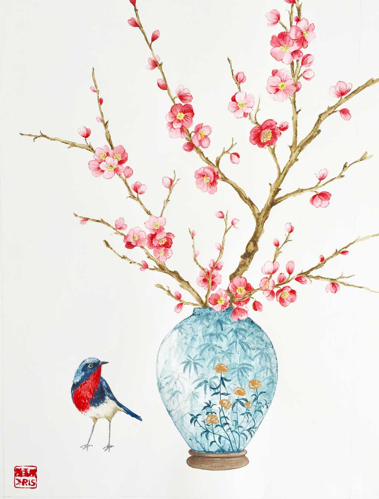 'Omicho' Cherry Blossom Watercolour Painting by Artist Chris Chun.