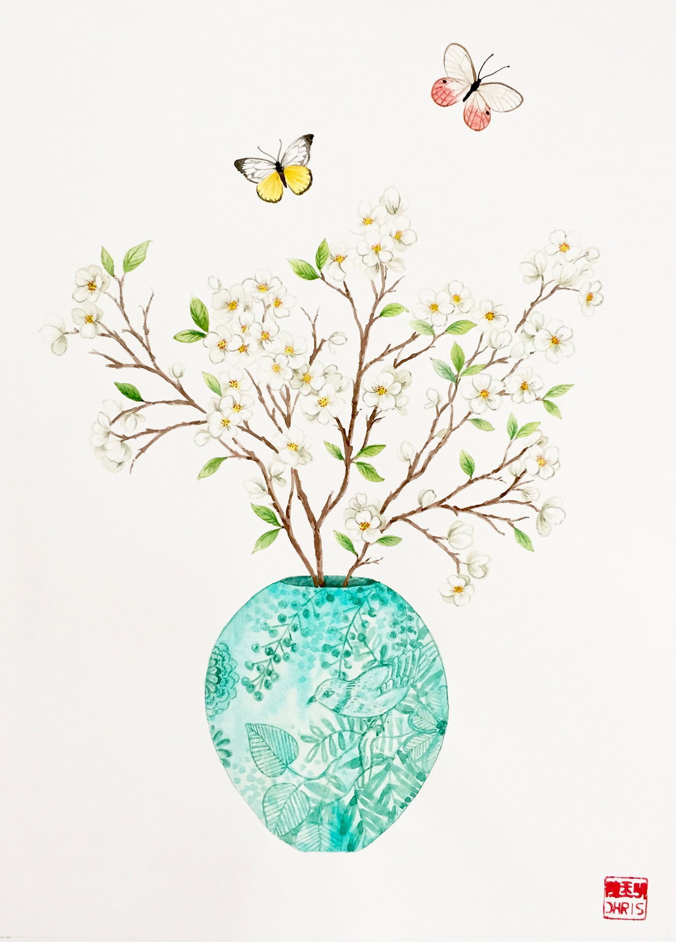 'Kenrokuen' Cherry Blossom Watercolour Painting by Artist Chris Chun.
