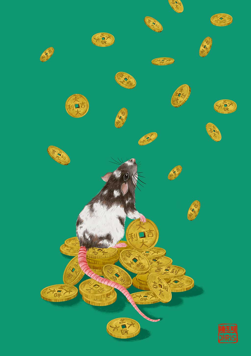 'Lucky Coins' Rat Print  by Artist Chris Chun