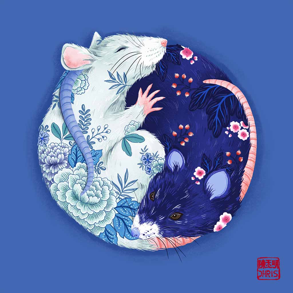 Yin and Yang Chinoiserie Garden. Chinese Zodiac Rat Art. created by Australian Chinese artist Chris Chun.