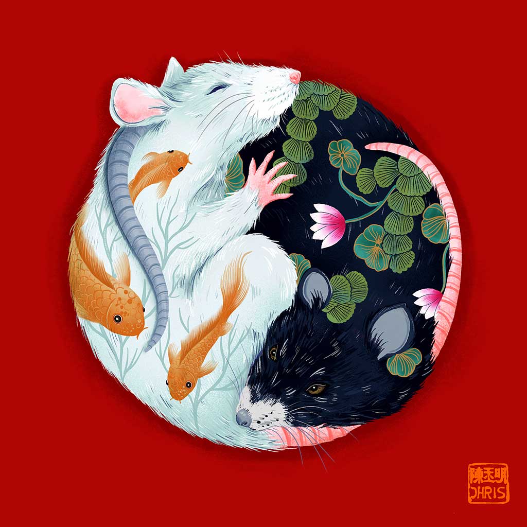 Yin and Yang Water. Chinese Zodiac Rat Art created by Australian Chinese artist Chris Chun.  Edit alt text