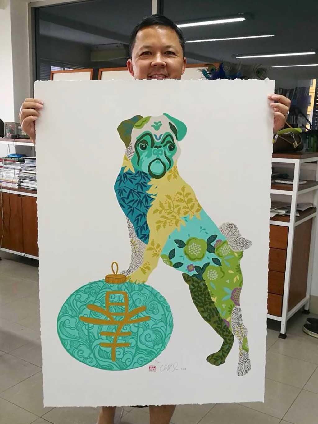 To celebrate 2018 Year of the Dog, Chris collaborated with the studio of JojoKOBE Gallery in Chiang Mai  to create a special silkscreen print featuring 20 colours.