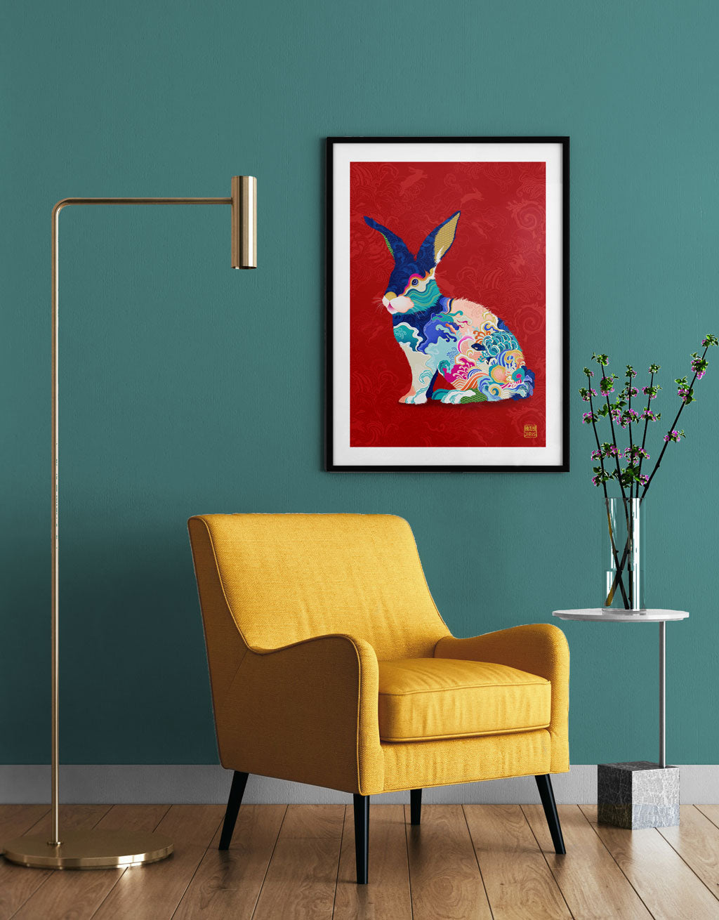Framed Water Rabbit Chinese Zodiac Art Print on Wall by Artist Chris Chun