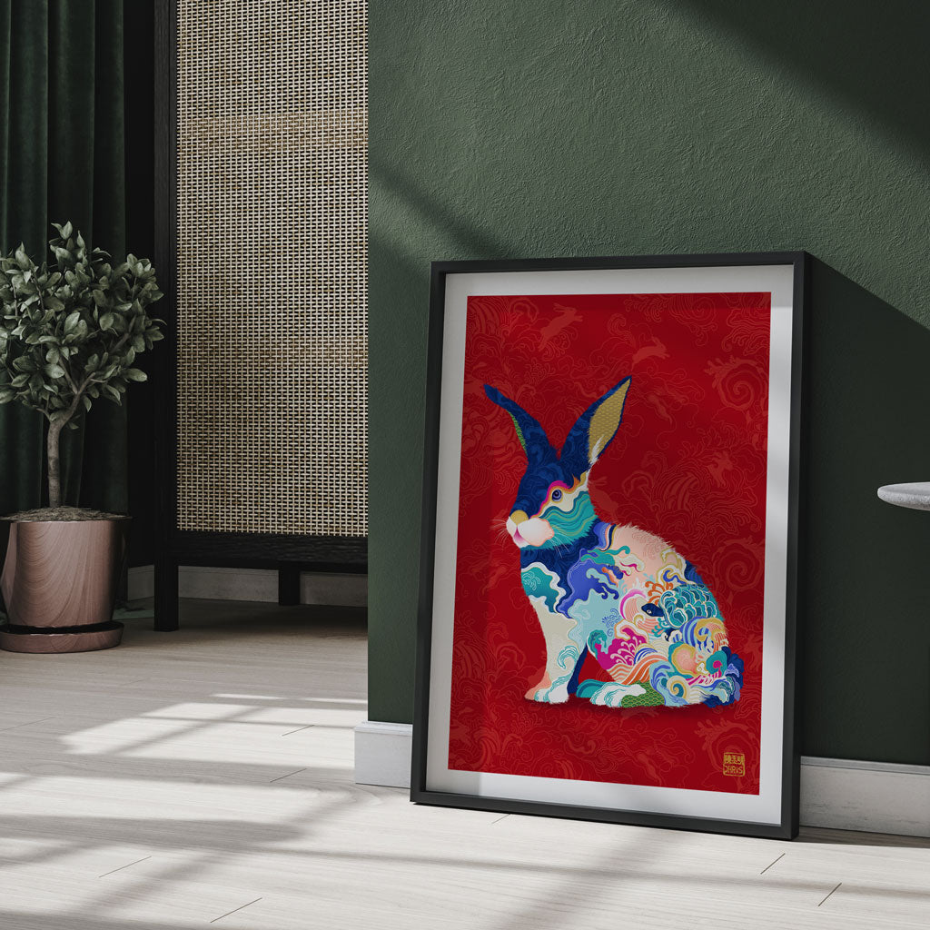 Framed Water Rabbit Chinese Zodiac Art Print against wall