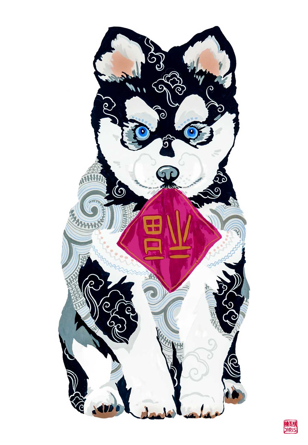 Australian Chinese artist Chris Chun has created a colourful and whimsical series of dogs based on the 5 elements - earth, fire, metal, water and wood. Each dog combines traditional Asian symbolism with contemporary Western sensibilities to bring good fortune, health and happiness to their owners! Metal Dogs are born in 1970.