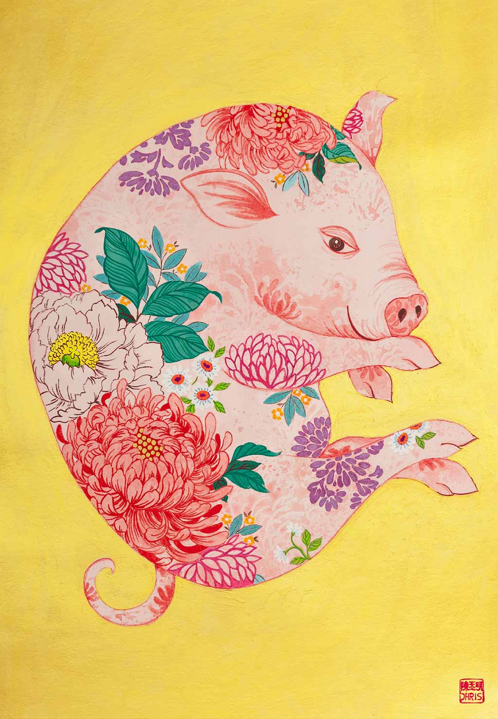 Chinese Zodiac Pig Fine Art Print. Available Framed/ Unframed. A unique and ideal present for those born in Year of the Pig - .1935, 1947, 1959, 1971, 1983, 1995, 2007, 2019