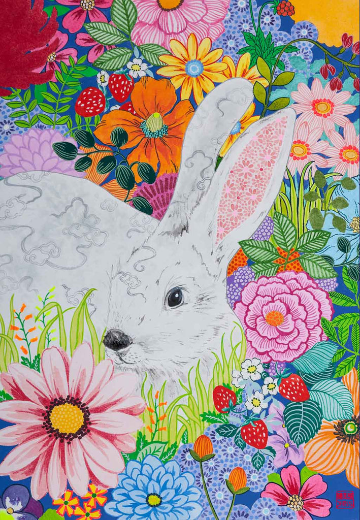 Chinese Zodiac Rabbit Fine Art Print by Artist Chris Chun. This print makes a gorgeous and unique gift idea for those born this year and in other rabbit years - 1927, 1939, 1951, 1963, 1975, 1987, 1999, 2011, 2023.