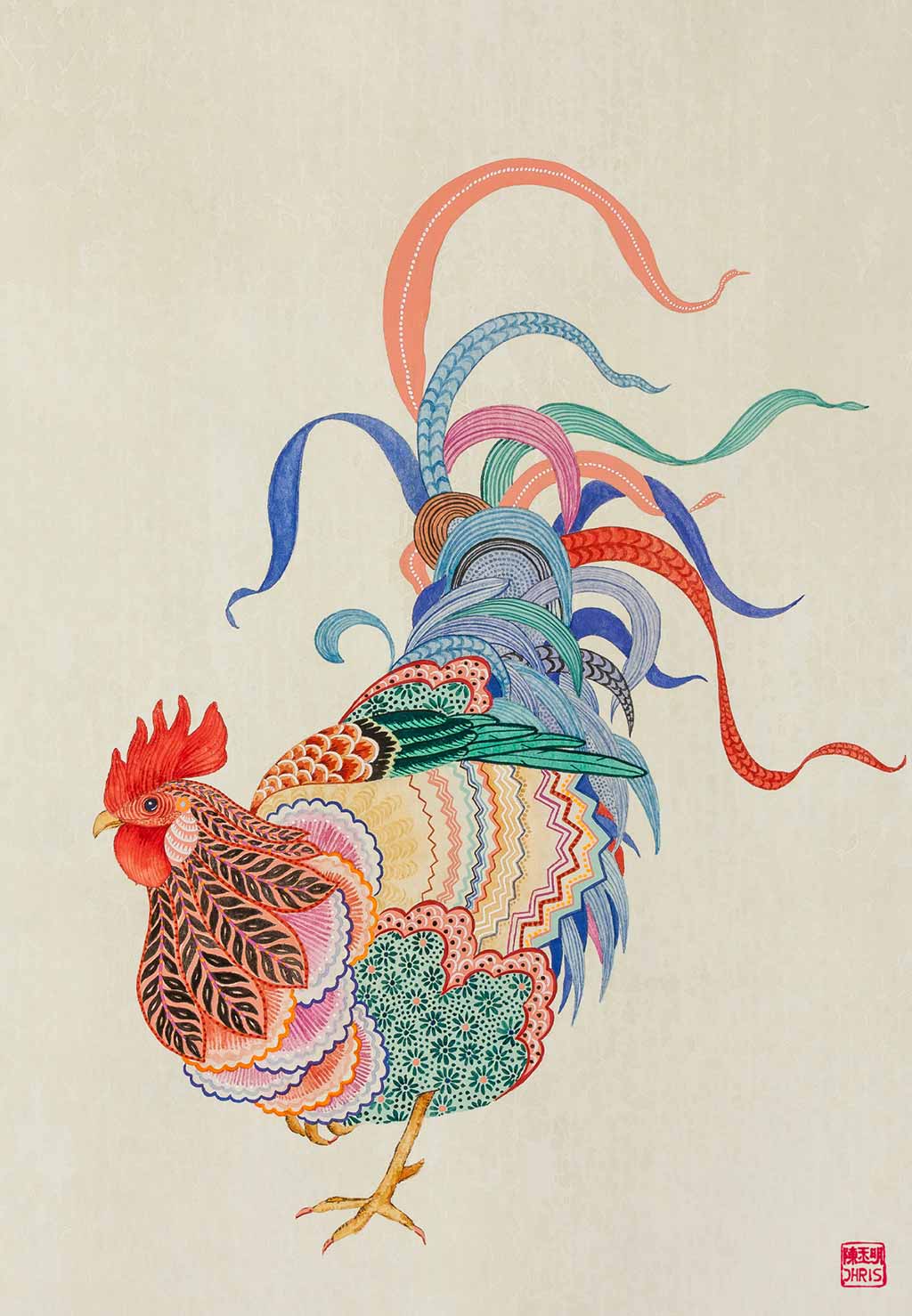 Chinese Zodiac Rooster Fine Art Print by Australian Chinese Artist Chris Chun. The perfect gift for those born in 1933, 1945, 1957, 1969, 1981, 1993, 2005, 2017 as they have been created to bring good fortune, health and prosperity to their owners!