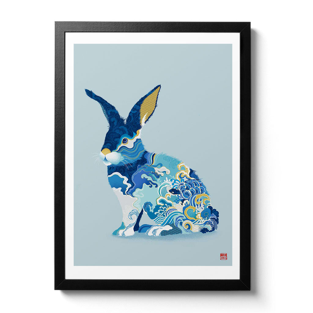 Framed Water Rabbit Chinese Zodiac Art Print by Artist Chris Chun