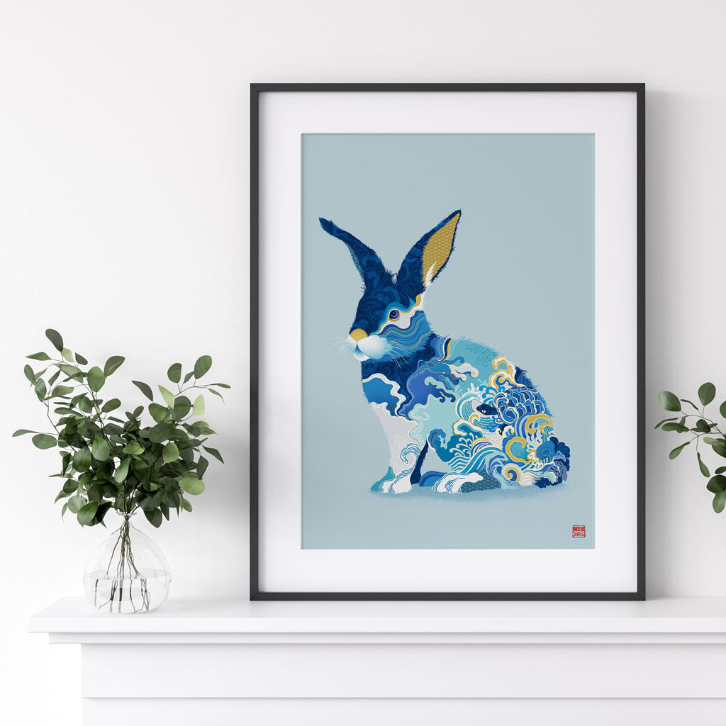Framed Water Rabbit Chinese Zodiac Art Print on Mantelpiece