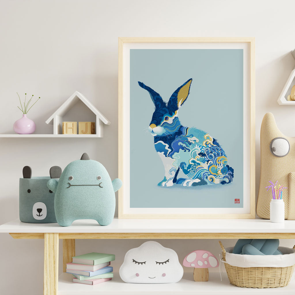 Framed Water Rabbit Chinese Zodiac Art Print for Nursery
