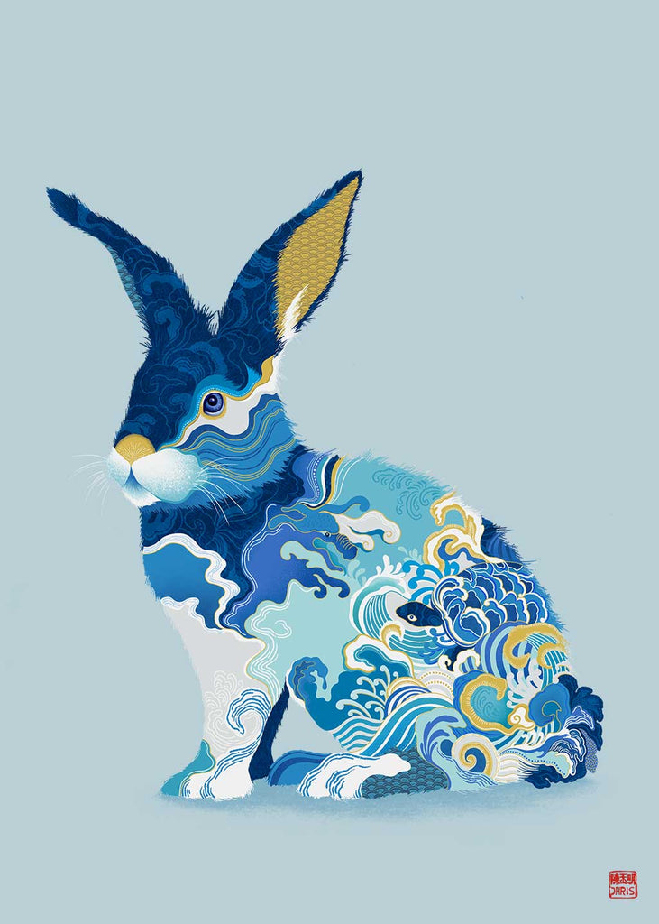 Water Rabbit Chinese Zodiac Art Print by Artist Chris Chun
