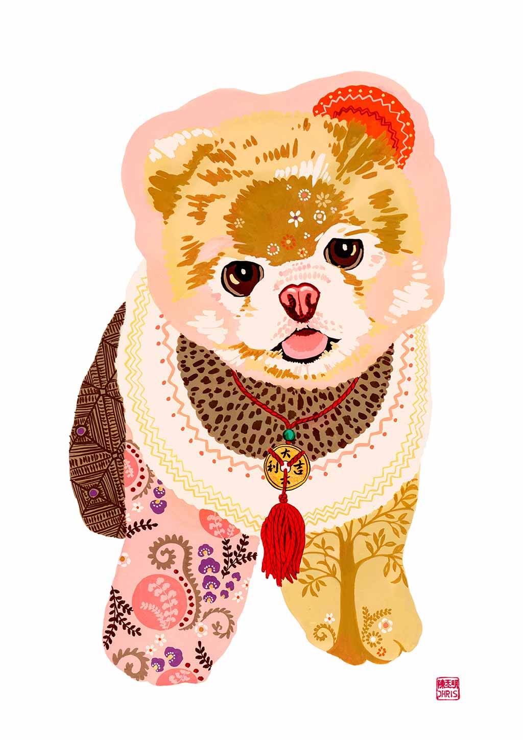 Chinese Zodiac Wood Dog Fine Art Print by Australian Chinese artist Chris Chun. Each dog is based on the 5 elements - earth, fire, metal, water and wood. Pomeranian Dog Art.