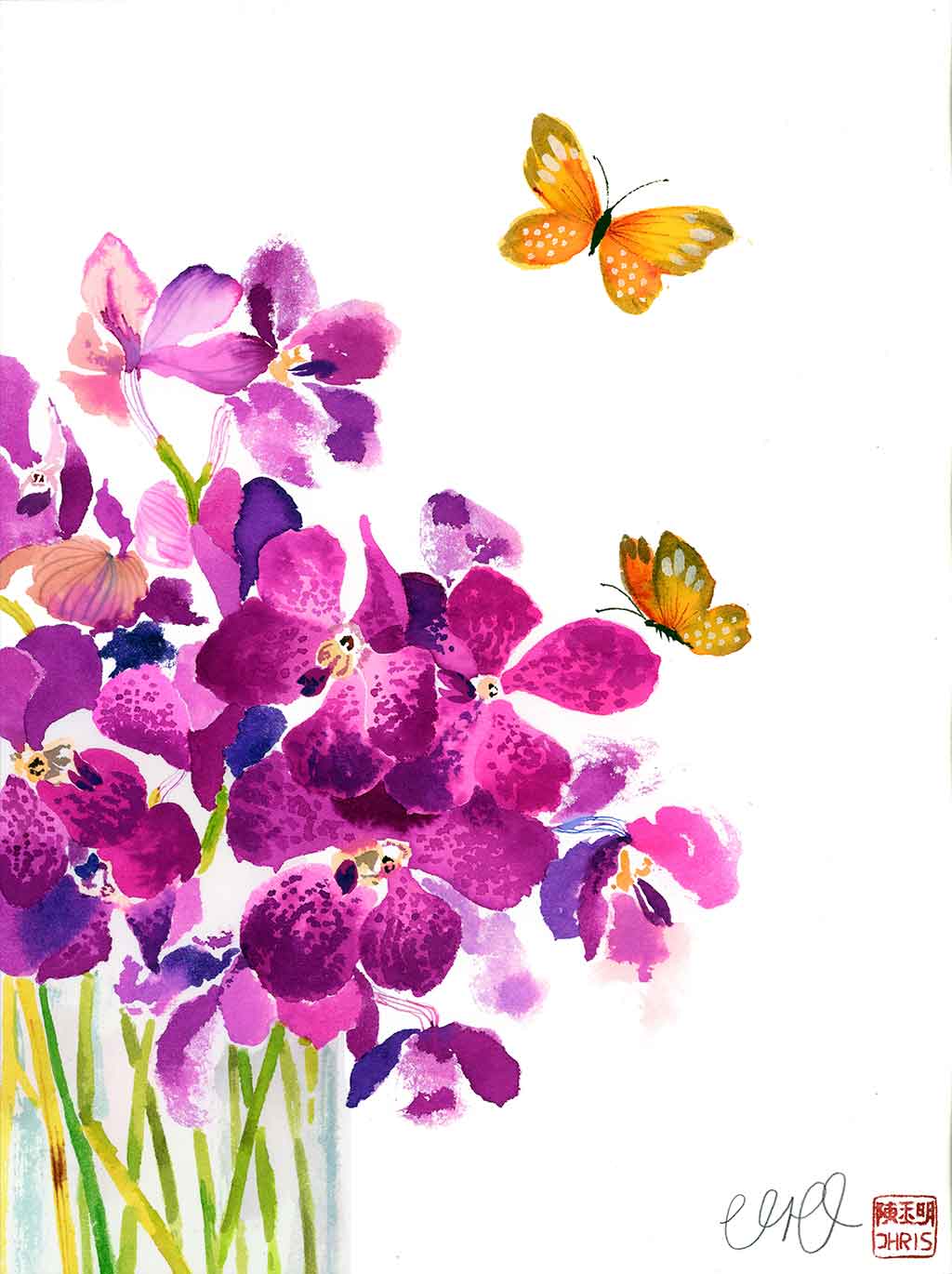 Original Orchid Still Life Painting by Artist Chris Chun who is a renowned Chinoiserie Artist and Textile Designer.