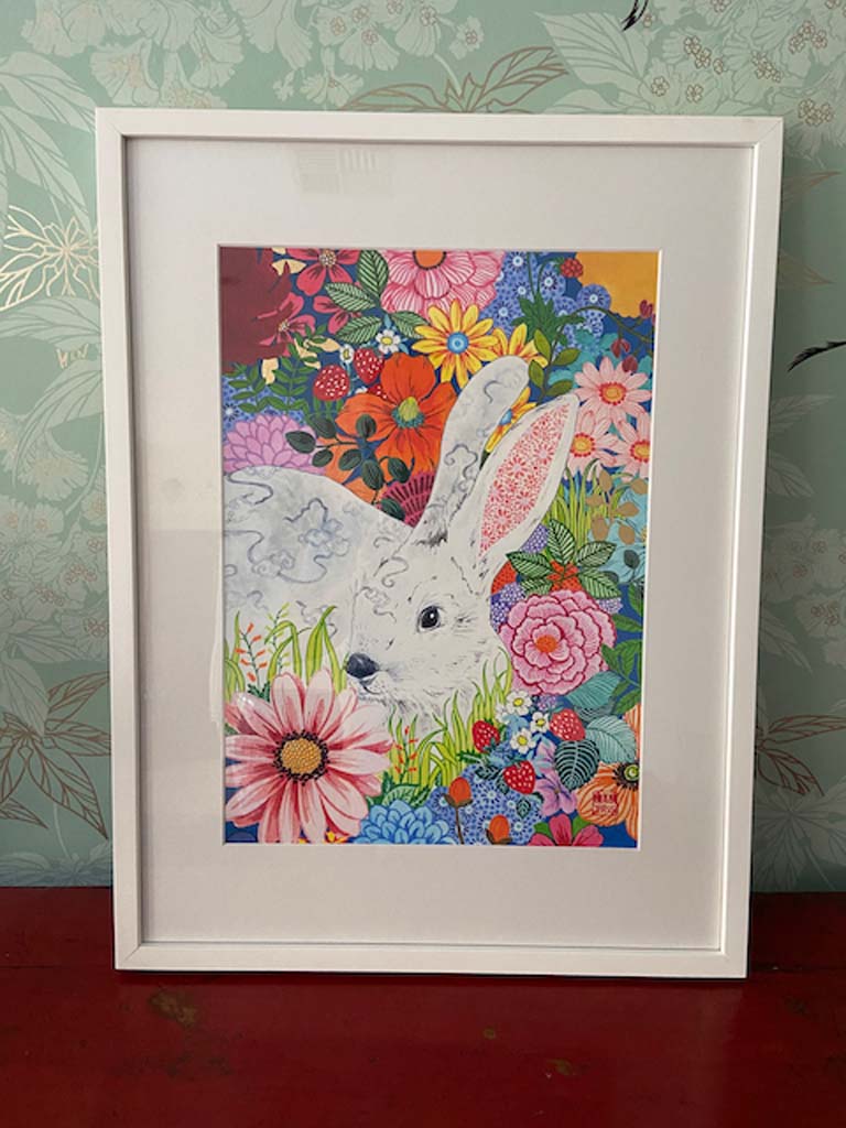 Framed A3 Rabbit Print with Gold Leaf and Hand Signed by Artist Chris Chun
