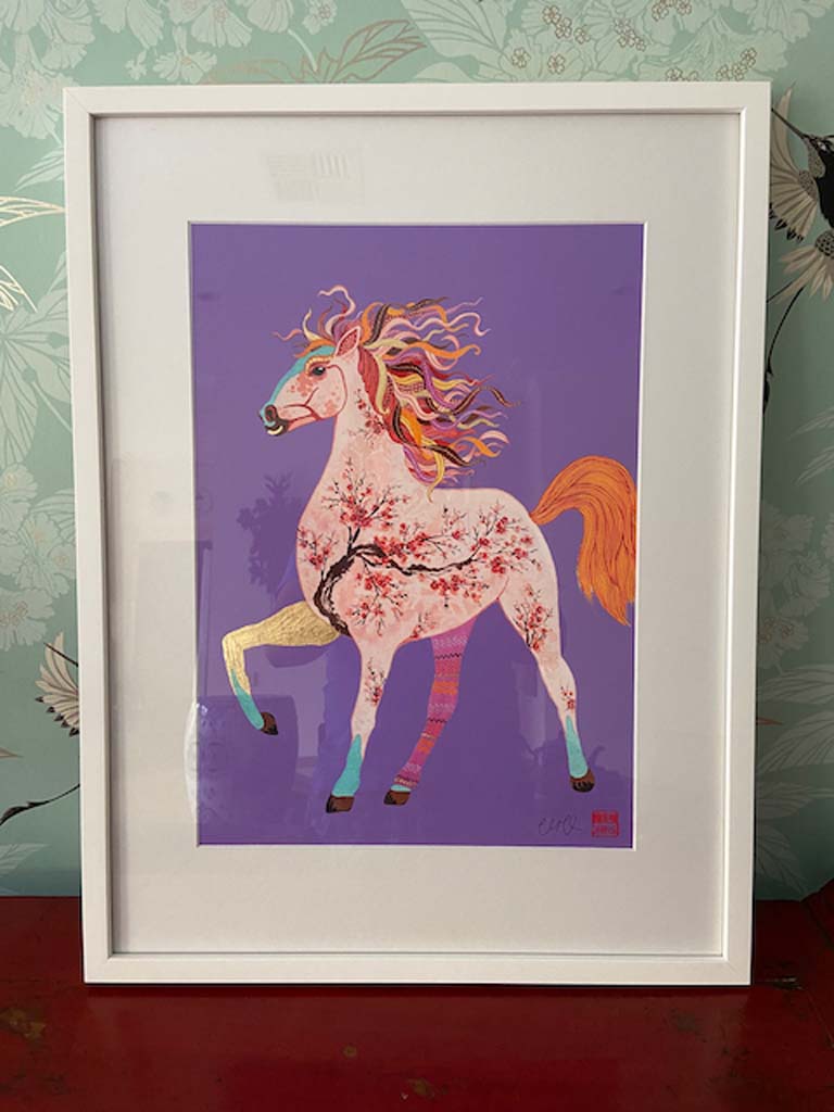 Framed Chinese Zodiac Horse Print with Gold Leaf and Hand signed by Artist Chris Chun