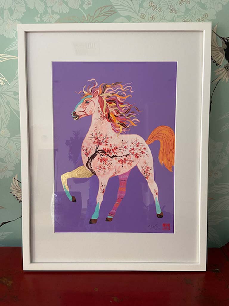 Framed Chinese Zodiac Horse Print with Gold Leaf and Hand signed by Artist Chris Chun