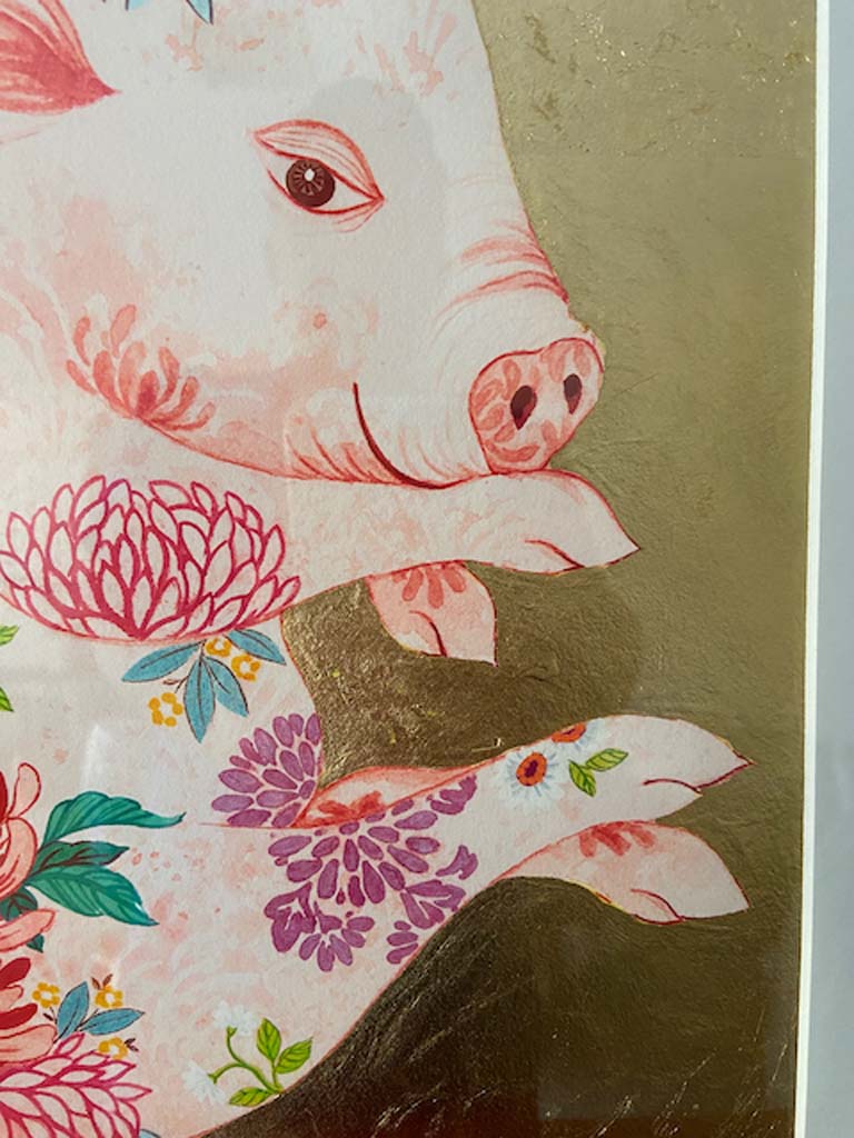 Detail Gold Embellishment of Pig Print