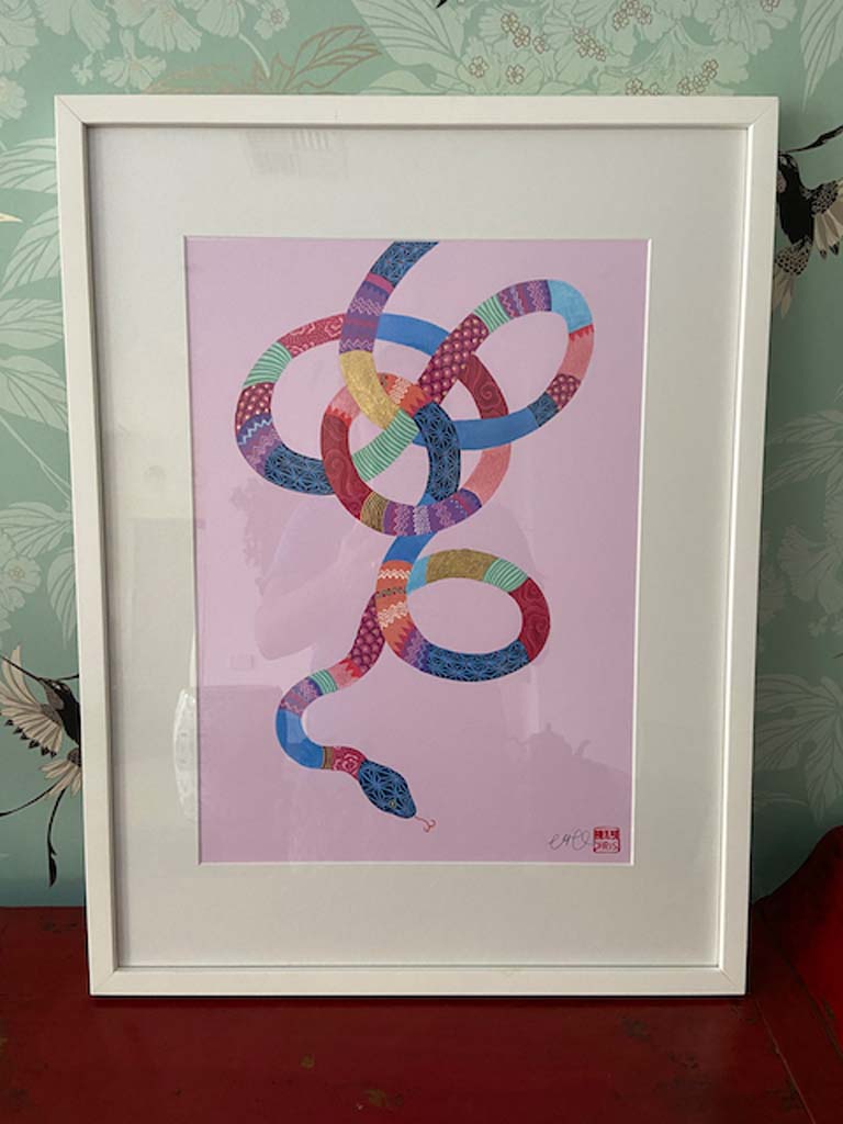 Framed A3 Snake Print with Gold Leaf and Hand Signed by Artist Chris Chun