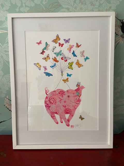 Framed Happy Pig Print with Gold Embellishment and Hand Signed by Artist