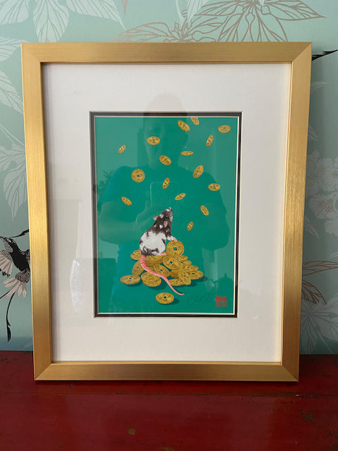 'Lucky Coins' Rat Print with Gold Frame and Hand Signed by Artist Chris Chun