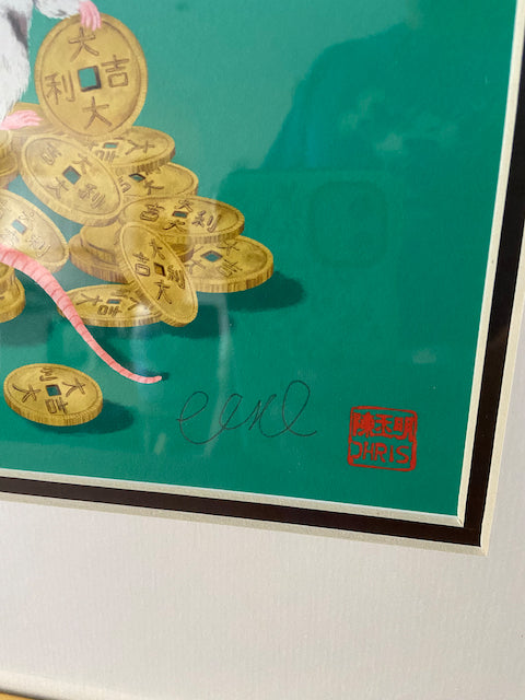 'Lucky Coins' Rat Print with Gold Frame and Hand Signed by Artist Chris Chun