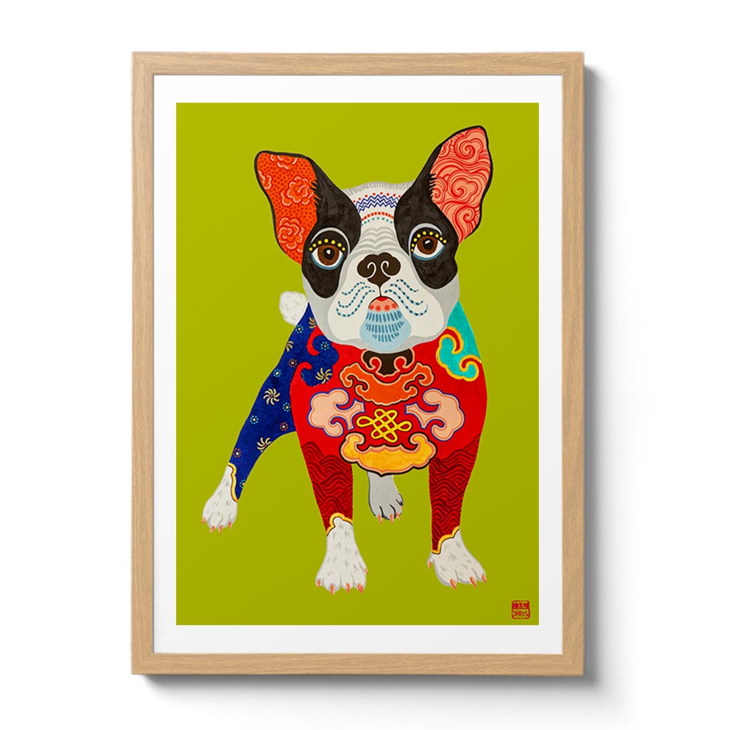 Australian Chinese Artist Chris Chun has created a charming Chinese Zodiac Dog Fine Art Print. Looking resplendent in the emperor's new clothes, this French Bulldog is the master of his domain and destiny.