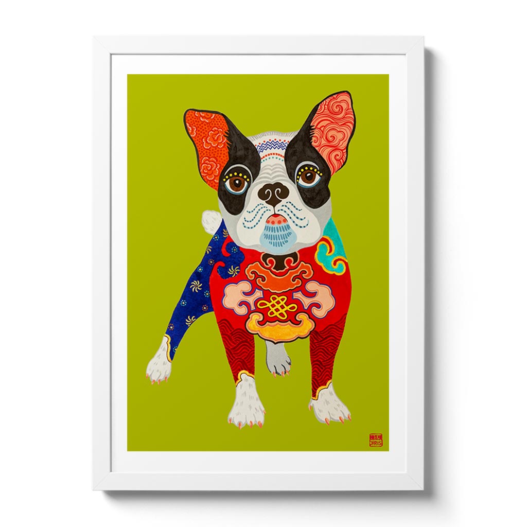 Australian Chinese Artist Chris Chun has created a charming Chinese Zodiac Dog Fine Art Print. Looking resplendent in the emperor's new clothes, this French Bulldog is the master of his domain and destiny.