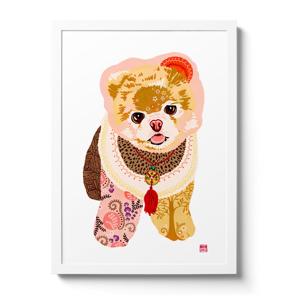 Chinese Zodiac Wood Dog Fine Art Print by Australian Chinese artist Chris Chun. Each dog is based on the 5 elements - earth, fire, metal, water and wood. Pomeranian Dog Art.