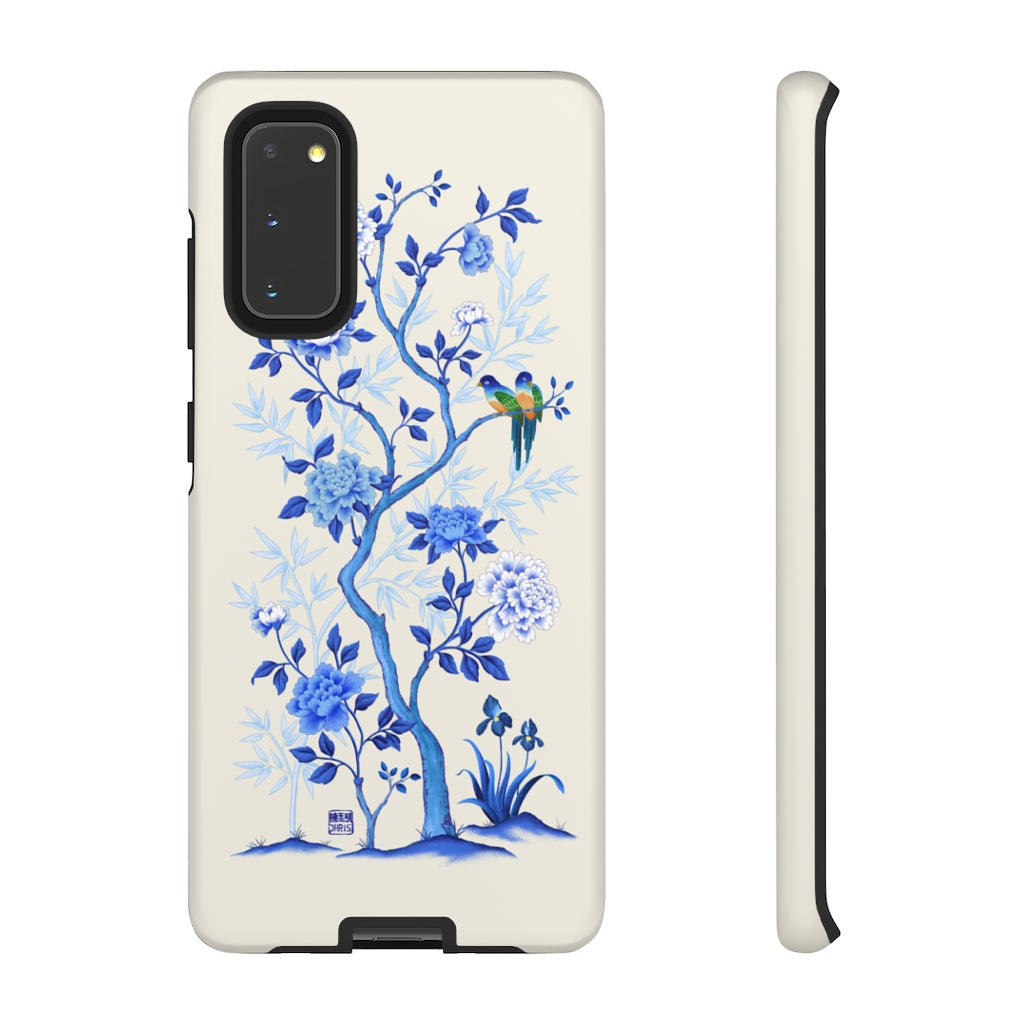 Chinoiserie Floral iPhone Case and Chinoiserie Floral Samsung Phone Cover featuring watercolour Chinoiserie peony roses. Chinese art phone with decorative birds and butterflies. Impact resistant tough chinoiserie mobile phone case. Supports wireless charging. Designer mobile phone case made in the USA.