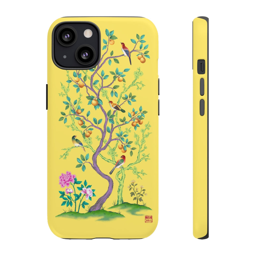 Chinoiserie Floral iPhone Case and Chinoiserie Floral Samsung Phone Cover featuring watercolour Chinoiserie peony roses. Chinese art phone with decorative birds and butterflies. Impact resistant tough chinoiserie mobile phone case. Supports wireless charging. Designer mobile phone case made in the USA.