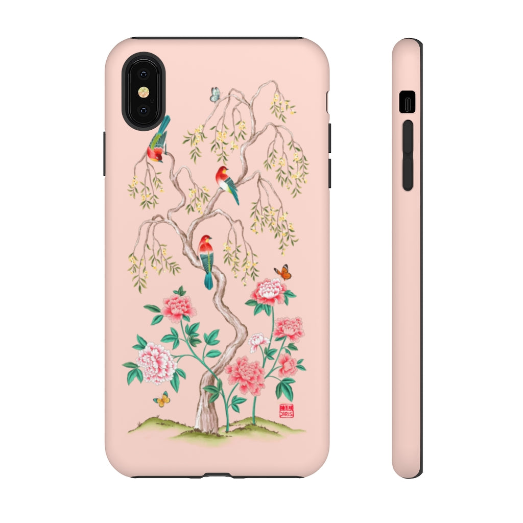 Chinoiserie Floral iPhone Case and Chinoiserie Floral Samsung Phone Cover featuring watercolour Chinoiserie peony roses. Chinese art phone with decorative birds and butterflies. Impact resistant tough chinoiserie mobile phone case. Supports wireless charging. Designer mobile phone case made in the USA.