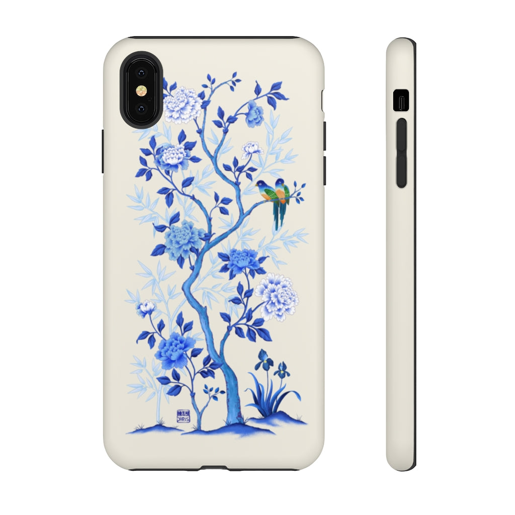 Chinoiserie Floral iPhone Case and Chinoiserie Floral Samsung Phone Cover featuring watercolour Chinoiserie peony roses. Chinese art phone with decorative birds and butterflies. Impact resistant tough chinoiserie mobile phone case. Supports wireless charging. Designer mobile phone case made in the USA.