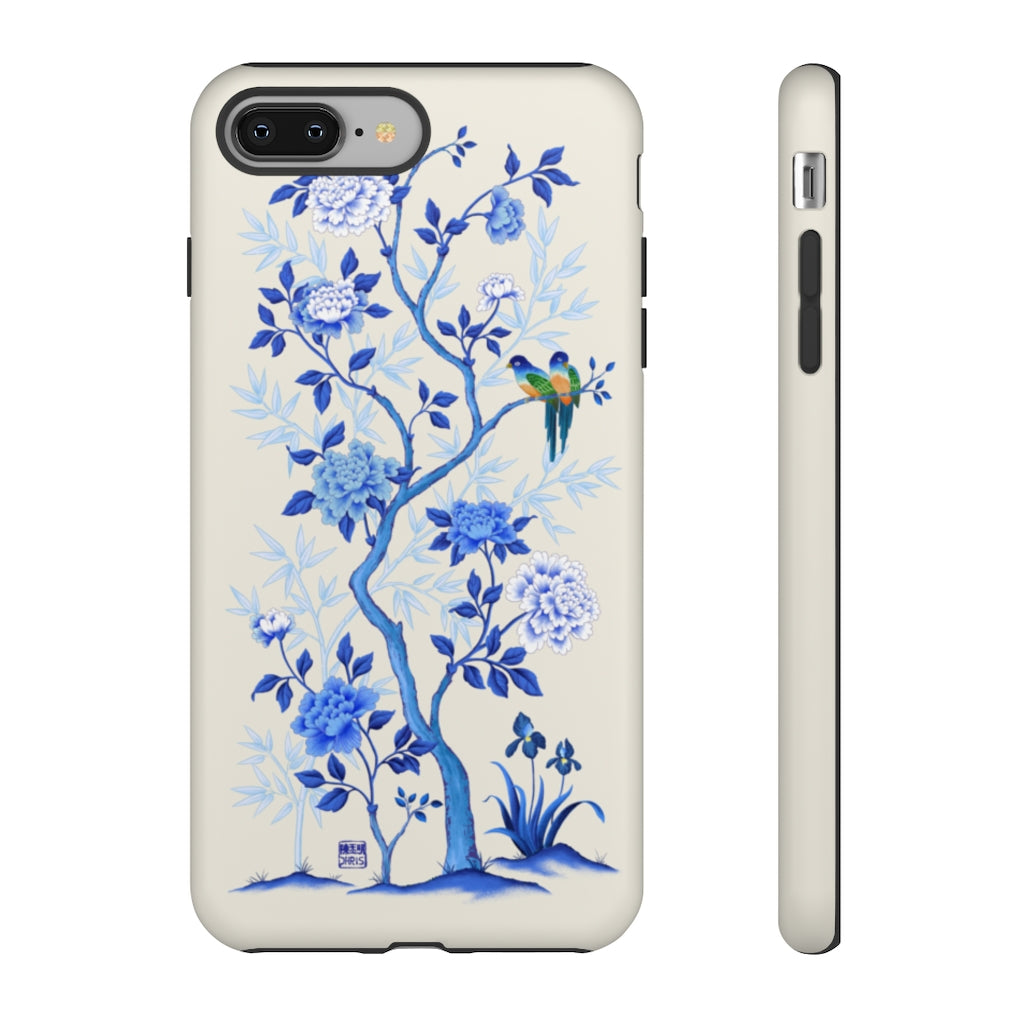 Chinoiserie Floral iPhone Case and Chinoiserie Floral Samsung Phone Cover featuring watercolour Chinoiserie peony roses. Chinese art phone with decorative birds and butterflies. Impact resistant tough chinoiserie mobile phone case. Supports wireless charging. Designer mobile phone case made in the USA.