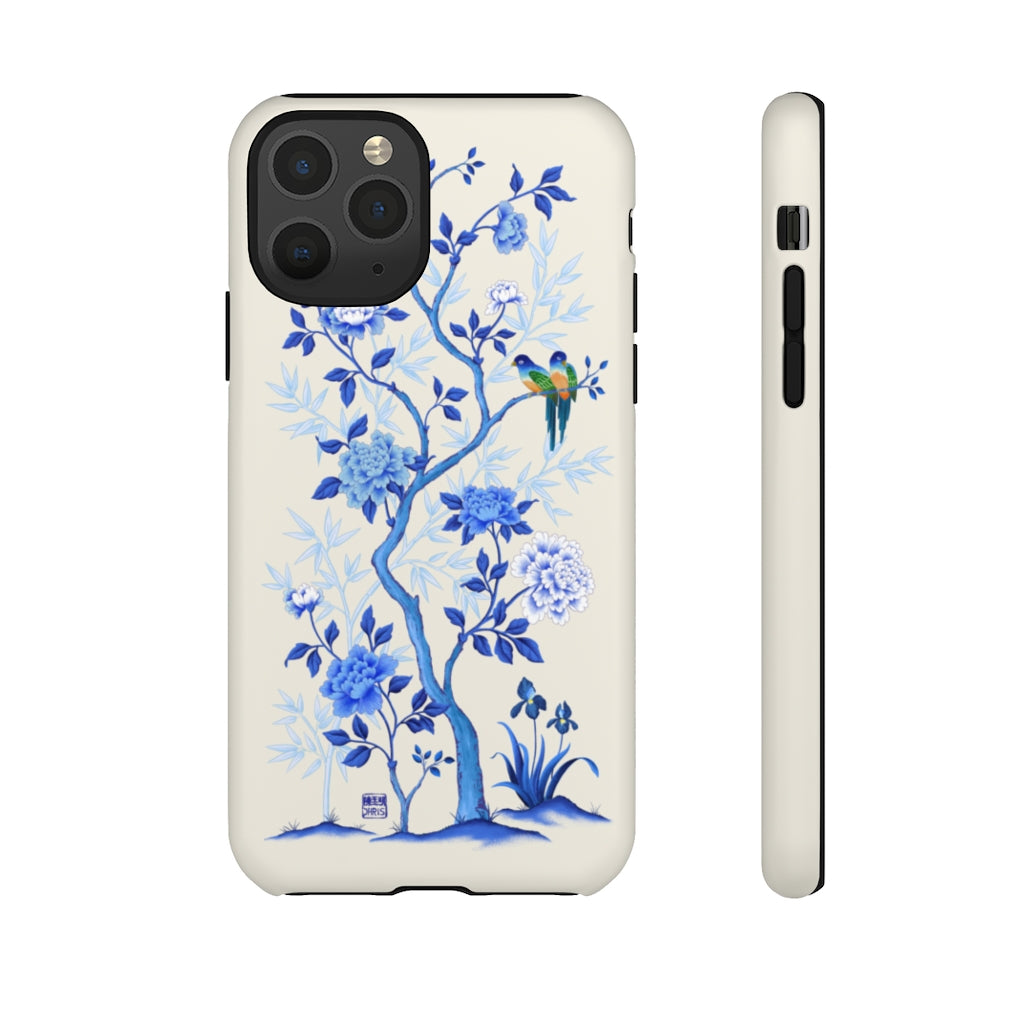 Chinoiserie Floral iPhone Case and Chinoiserie Floral Samsung Phone Cover featuring watercolour Chinoiserie peony roses. Chinese art phone with decorative birds and butterflies. Impact resistant tough chinoiserie mobile phone case. Supports wireless charging. Designer mobile phone case made in the USA.